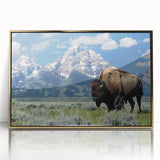 Framed acrylic print of the Grand Tetons, in muted earth tones, ideal for modern art wall decor.