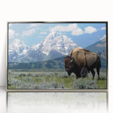 Mid-century modernist art of Wyoming's Grand Tetons in muted earth tones on a silver-framed acrylic.