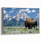 Landscape art painting of the Grand Tetons on a framed canvas.