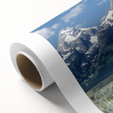 Art deco poster of Grand Tetons landscape in muted earth tones on rolled canvas, ideal for nursery wall art.