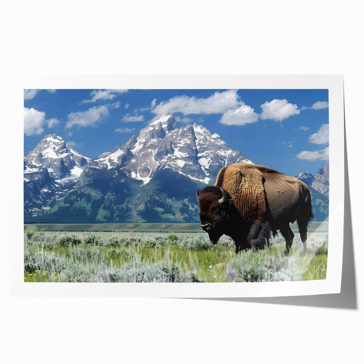Rolled print of Grand Tetons scenery with muted earth tones, ideal for art wall dining room.