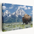 Large art depicting the Grand Tetons in Wyoming, rendered in muted earth tones on stretched canvas.