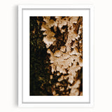 Abstract art print featuring swirling autumn colors in a white frame, ideal for dining room or bedroom decor.