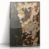 Mid-century modernist art depicting an autumnal scene in muted orange and brown tones, framed acrylic.