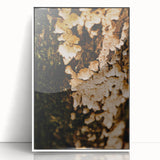 Art deco poster featuring a stylized autumn scene in orange and brown tones, framed in white acrylic.