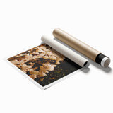 Extra large rolled print of autumnal floral art in muted orange and brown tones, ideal for classy bathroom wall art.