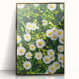 Large art print of a mid-century modernist spring scene in pastel shades on acrylic, framed in gold.