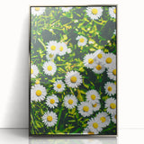 Mid-century modernist art depicting spring season in pastel hues on a silver-framed acrylic print.
