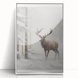 Art deco poster featuring a stylized winter scene in muted blue and white tones, acrylic print framed in white.