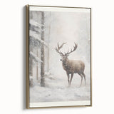 Winter landscape painting on framed canvas, featuring snow-covered trees in muted white and gray tones.