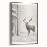 Winter landscape painting on framed canvas, featuring a snowy scene in muted gray and white tones.