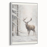 Vintage poster art of a winter scene on a framed canvas, featuring muted blue and white tones, ideal for living room decor.