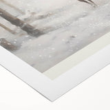 Art deco poster featuring a winter scene in muted blue and white tones on rolled canvas, suitable for dining room decor.