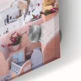 Large abstract wall art in vibrant orange and yellow tones on acrylic glass.