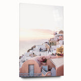 Large abstract wall art in vibrant blue and orange hues on acrylic glass, ideal for modern bedroom or dining room decor.