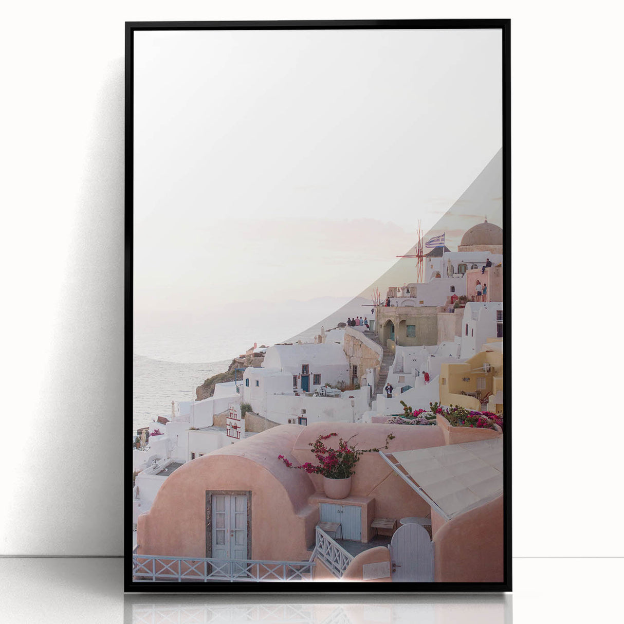 Large abstract wall art in vibrant orange and yellow tones on black framed acrylic, suitable for modern living room decor.
