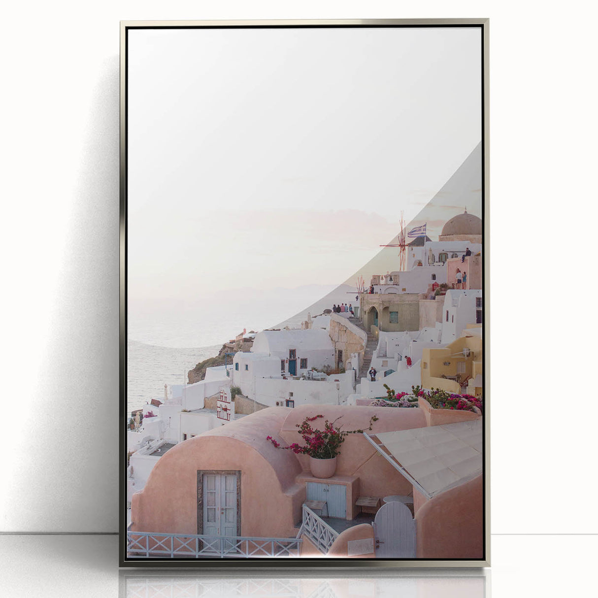 Mid-century modernist art poster featuring geometric shapes in pastel colors, framed in silver acrylic.