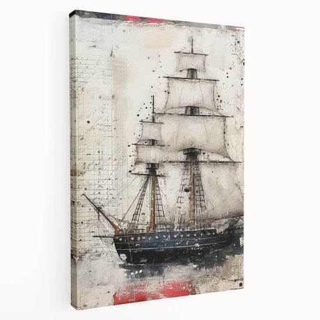 Large art print of a side view of a vintage ship, rendered in muted blue and white tones on stretched canvas.