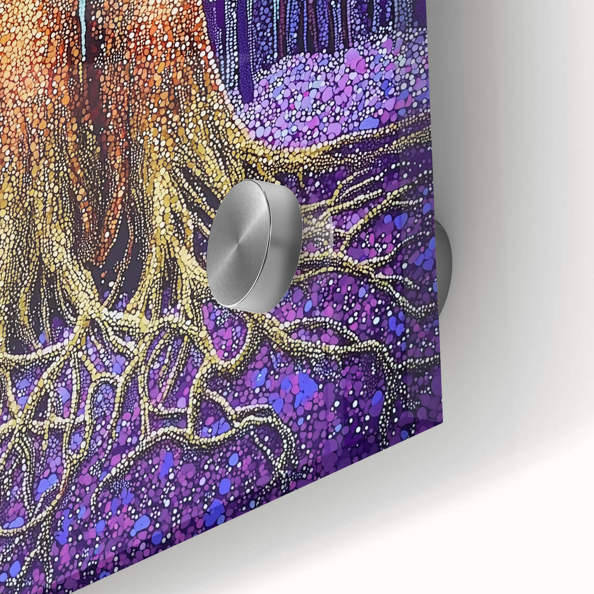 Close-up of an abstract floral acrylic glass artwork showcasing vibrant colors and intricate patterns, perfect for modern home decor or art enthusiasts.