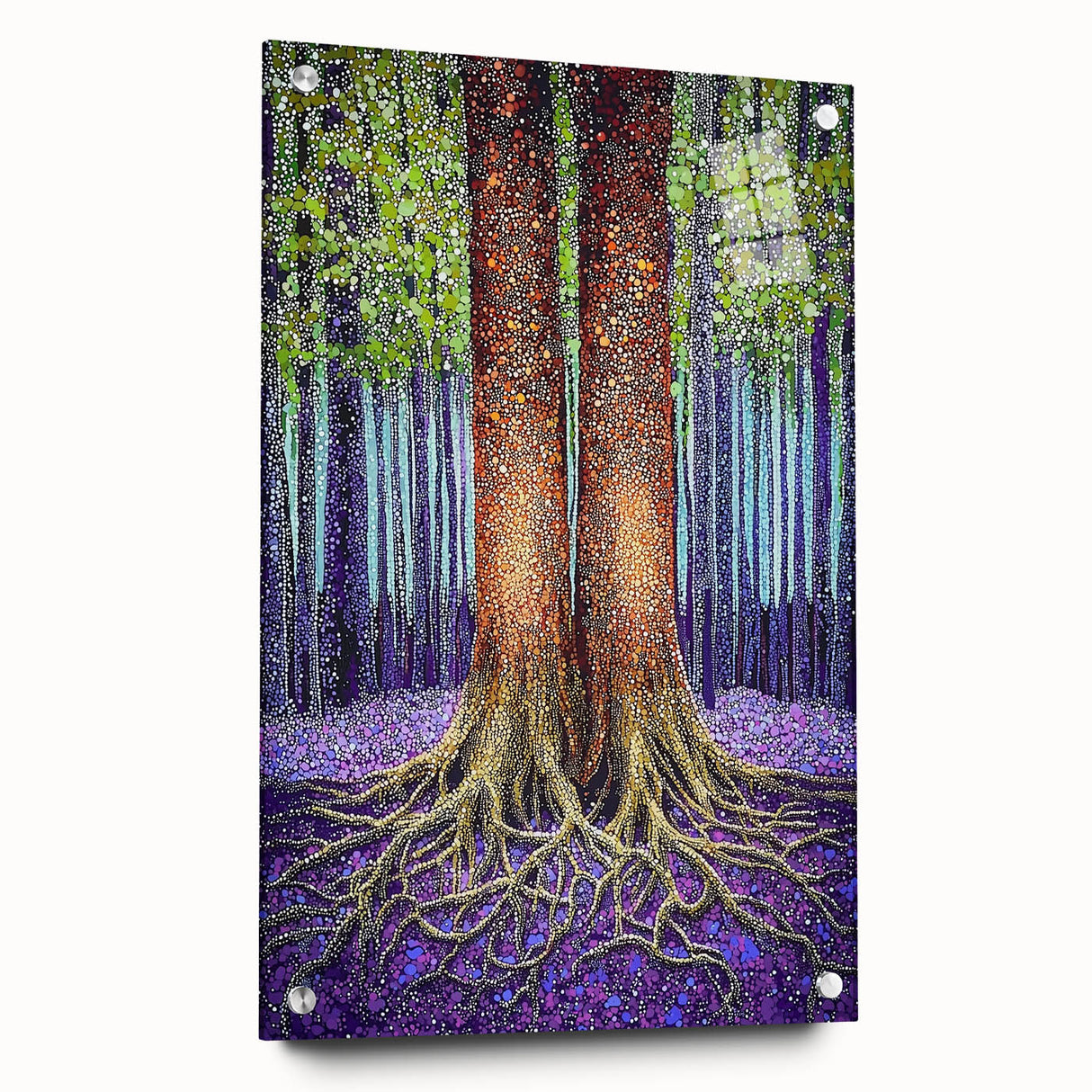 Abstract floral acrylic glass artwork featuring vibrant colors and intricate designs, displayed from a side view with pins for mounting, ideal for modern decor.
