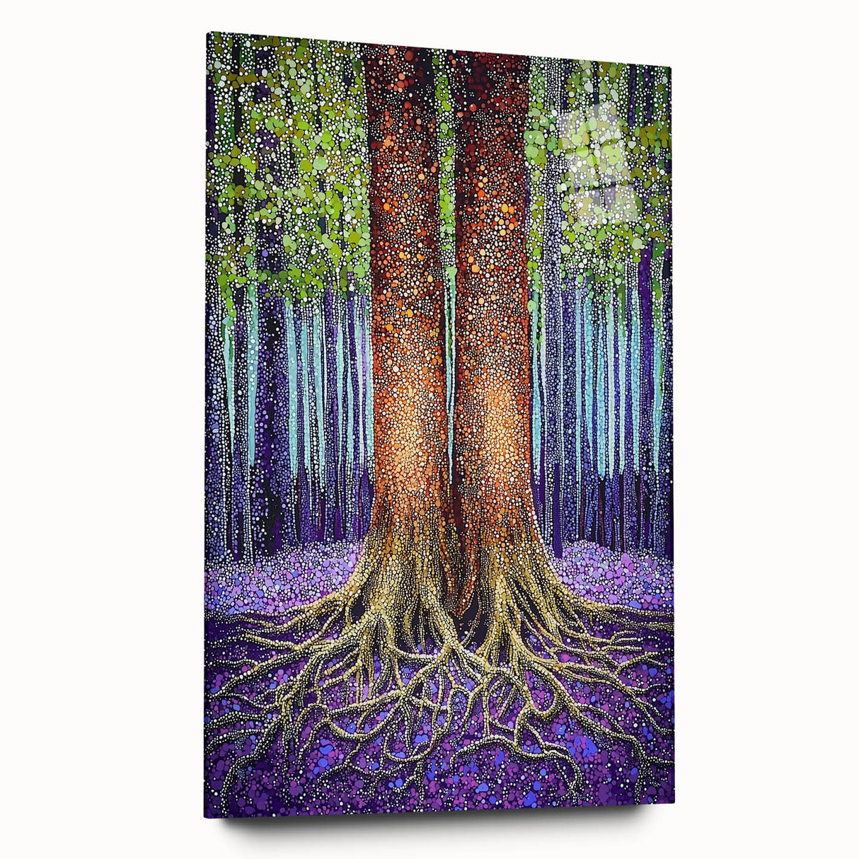 Abstract floral design on acrylic glass, showcasing vibrant colors and intricate patterns, viewed from the side without pins, perfect for modern decor.
