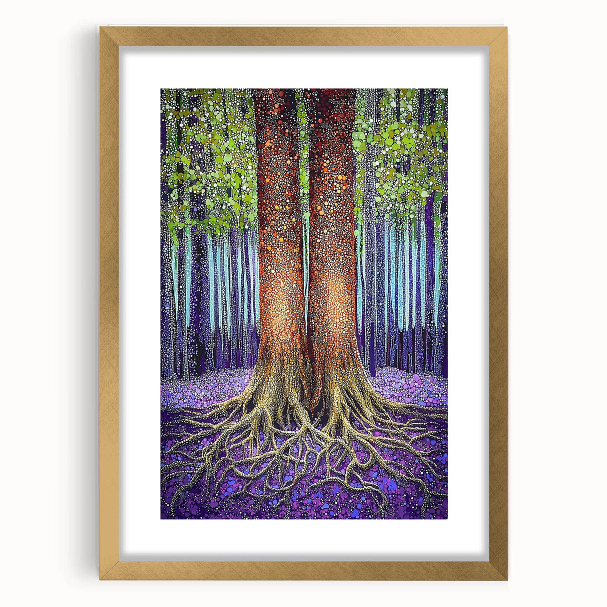 Abstract floral art frame with a gold mat showcasing vibrant colors and intricate details, perfect for enhancing modern home decor. Ideal for art enthusiasts and interior design lovers.