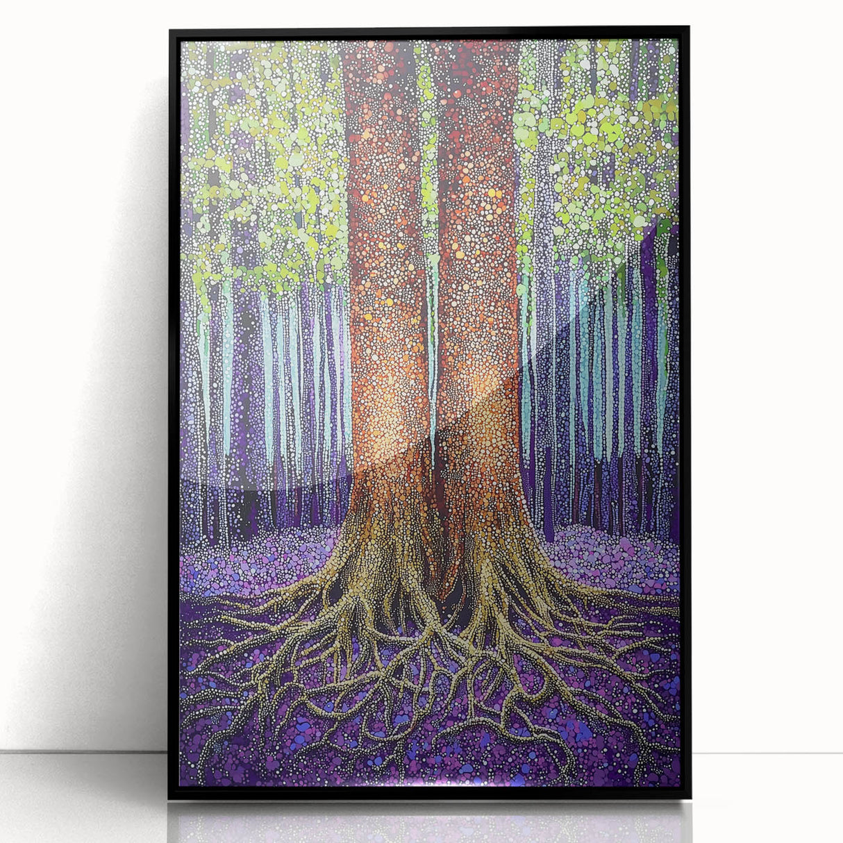 Framed acrylic artwork showcasing an abstract floral design in vibrant colors, set against a black background, ideal for modern home decor. Perfect for adding a touch of elegance to living spaces or offices.