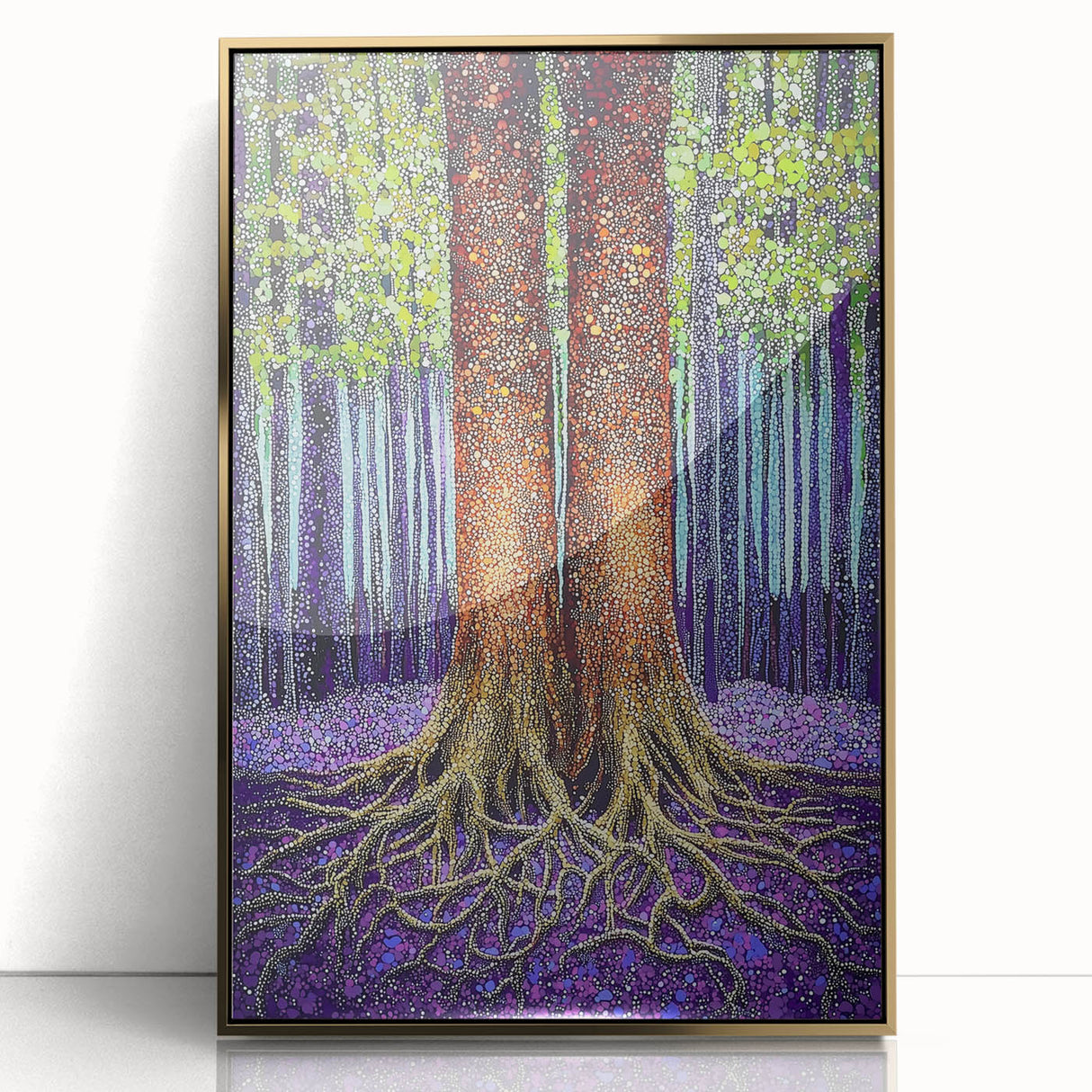 Framed acrylic artwork showcasing an abstract floral design in vibrant colors, set in a sleek gold frame, perfect for modern home decor.