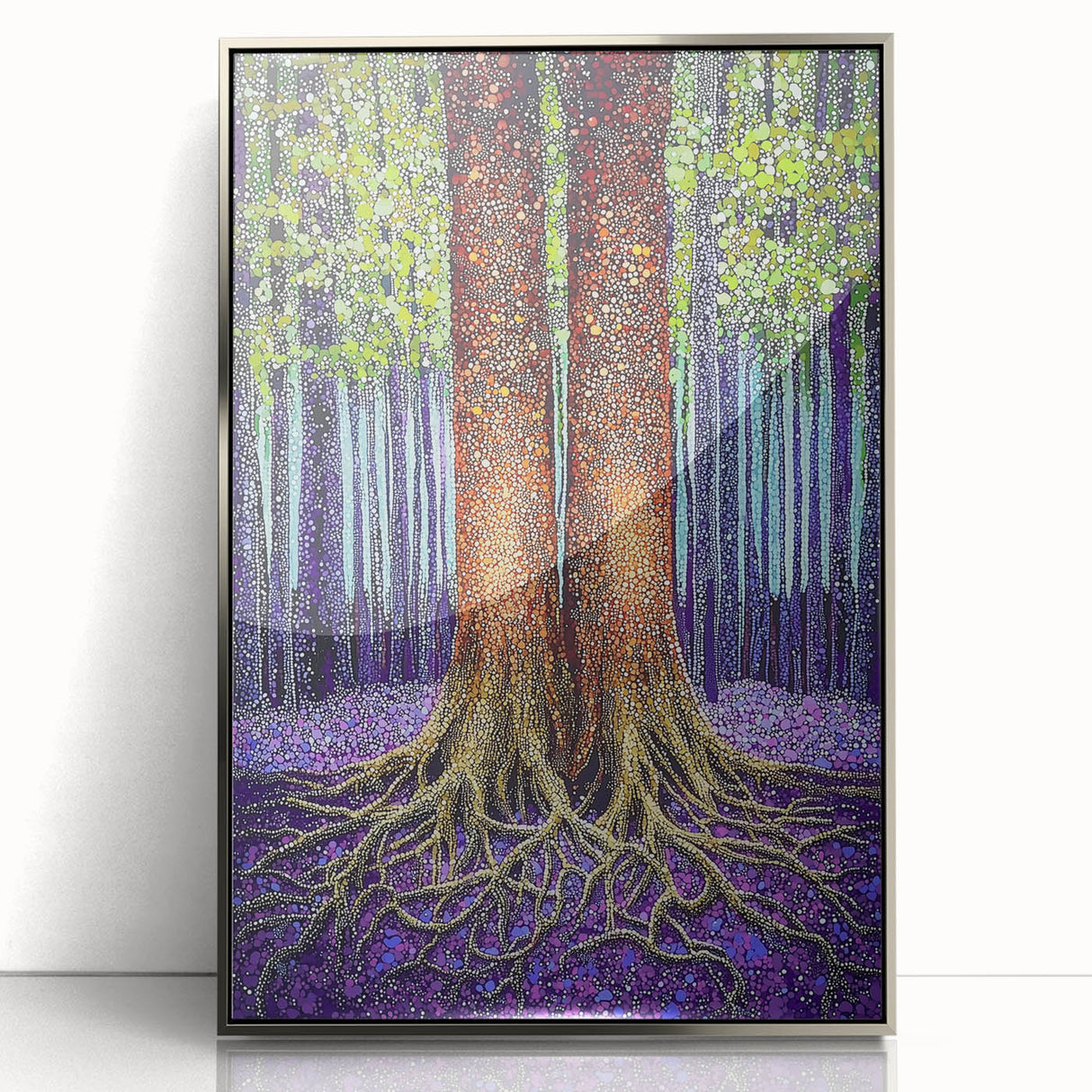 Framed acrylic artwork showcasing an abstract floral design in vibrant colors, set in a sleek silver frame, perfect for modern home decor and enhancing interior spaces.