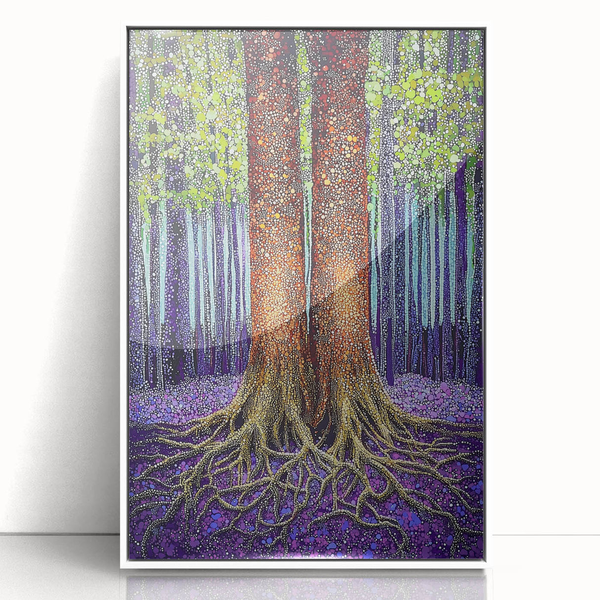 Framed abstract floral artwork in vibrant colors, featuring intricate designs on a white background, ideal for enhancing modern home decor aesthetics.