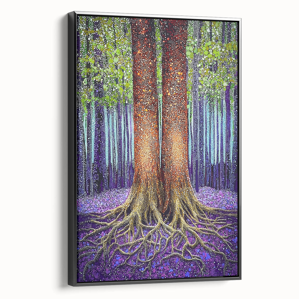 Framed abstract floral canvas artwork featuring vibrant colors and intricate designs, displayed from a black side view, ideal for modern home decor.