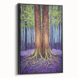 Framed abstract floral canvas artwork featuring vibrant colors and intricate designs, displayed from a black side view, ideal for modern home decor.