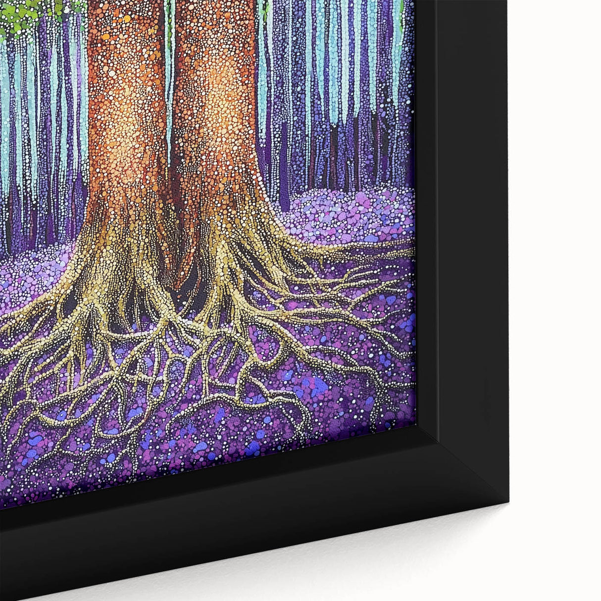 Close-up of an abstract floral design on a framed canvas, showcasing vibrant colors and intricate patterns, ideal for modern home decor.