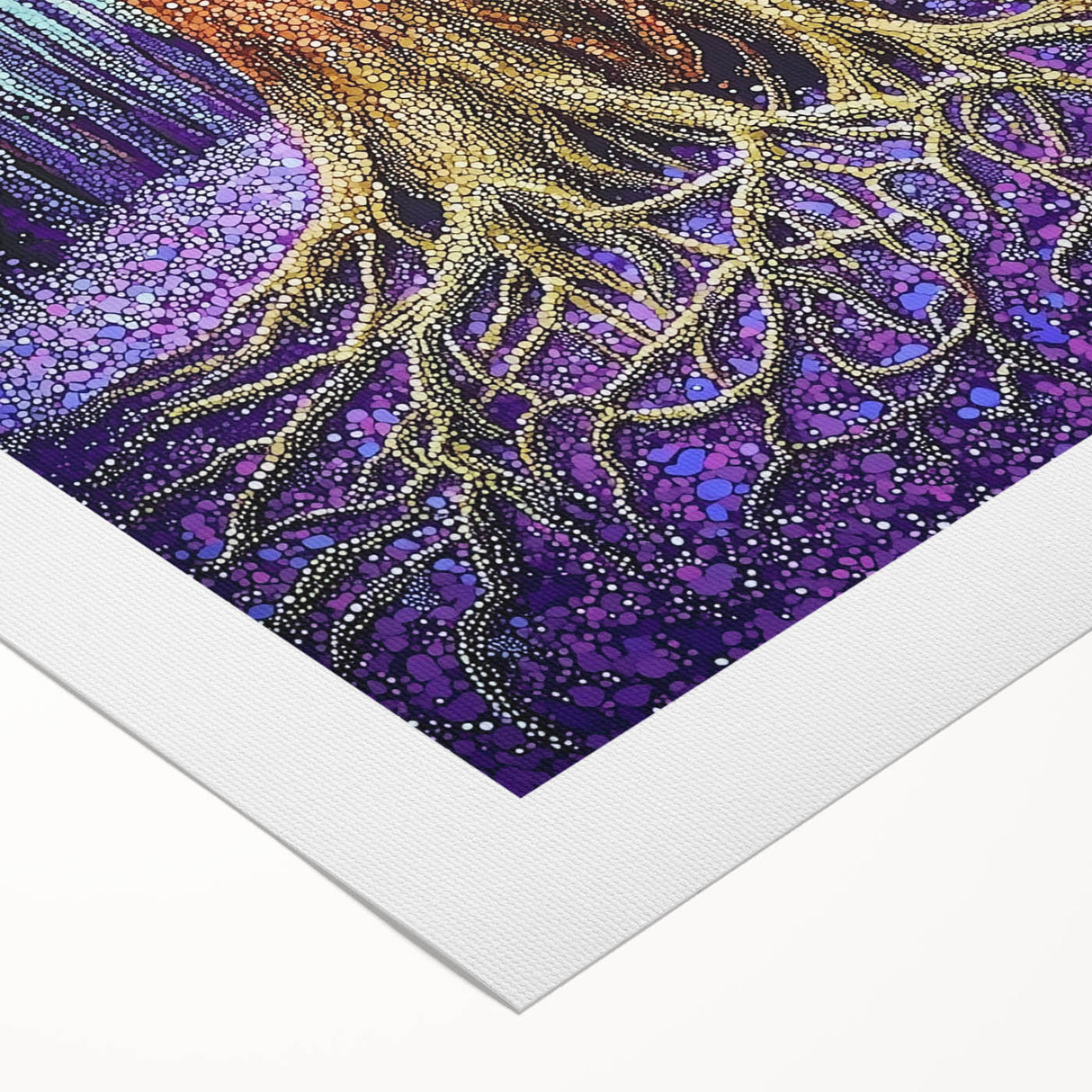 Abstract floral design on rolled canvas showcasing vibrant colors and intricate patterns, ideal for home decor. Packaged securely in a sturdy tube for protection during shipping.