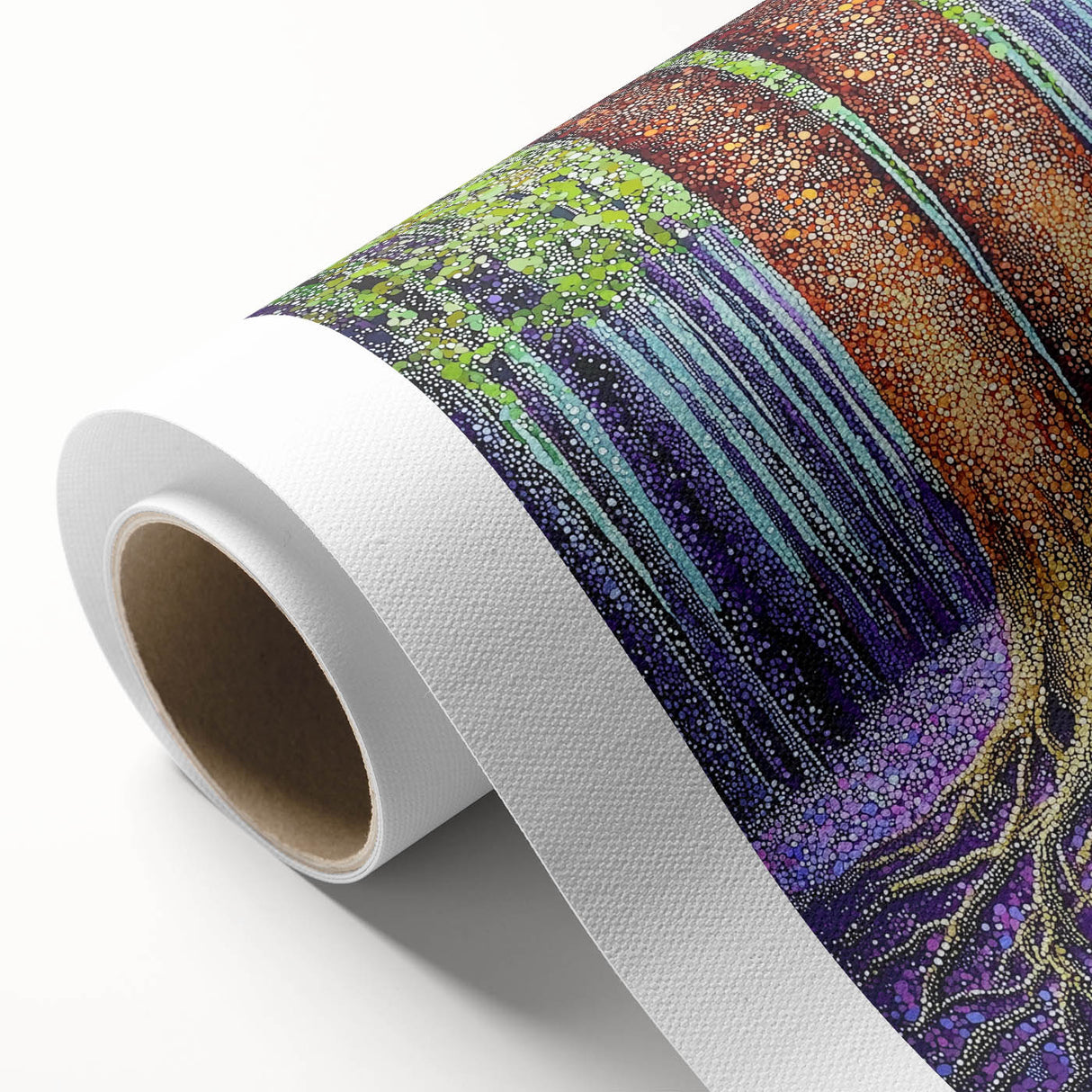 Rolled canvas artwork showcasing vibrant abstract floral designs in shades of blue, pink, and yellow, ideal for modern home decor, presented in a protective cardboard tube.