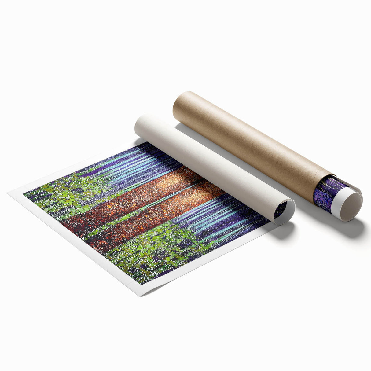 Abstract floral artwork print with vibrant colors and intricate patterns, rolled and ready for framing, displayed in a protective cardboard tube. Perfect for modern home decor.
