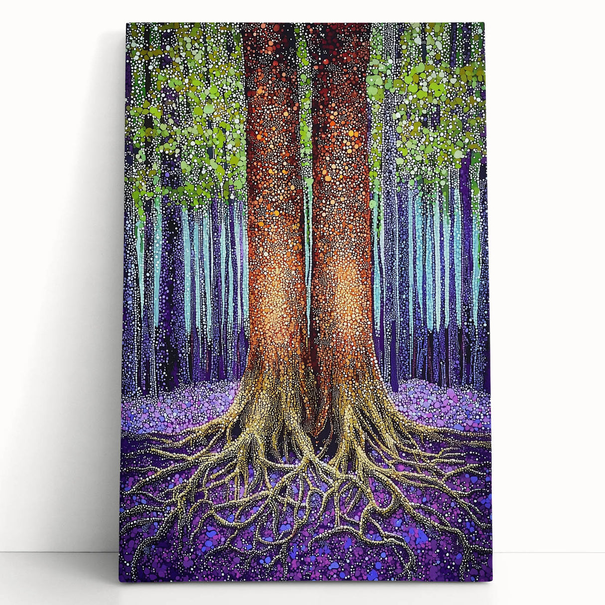 Abstract floral stretched canvas artwork featuring vibrant colors and intricate designs, leaning against a neutral wall, ideal for modern home decor.