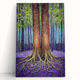 Abstract floral stretched canvas artwork featuring vibrant colors and intricate designs, leaning against a neutral wall, ideal for modern home decor.