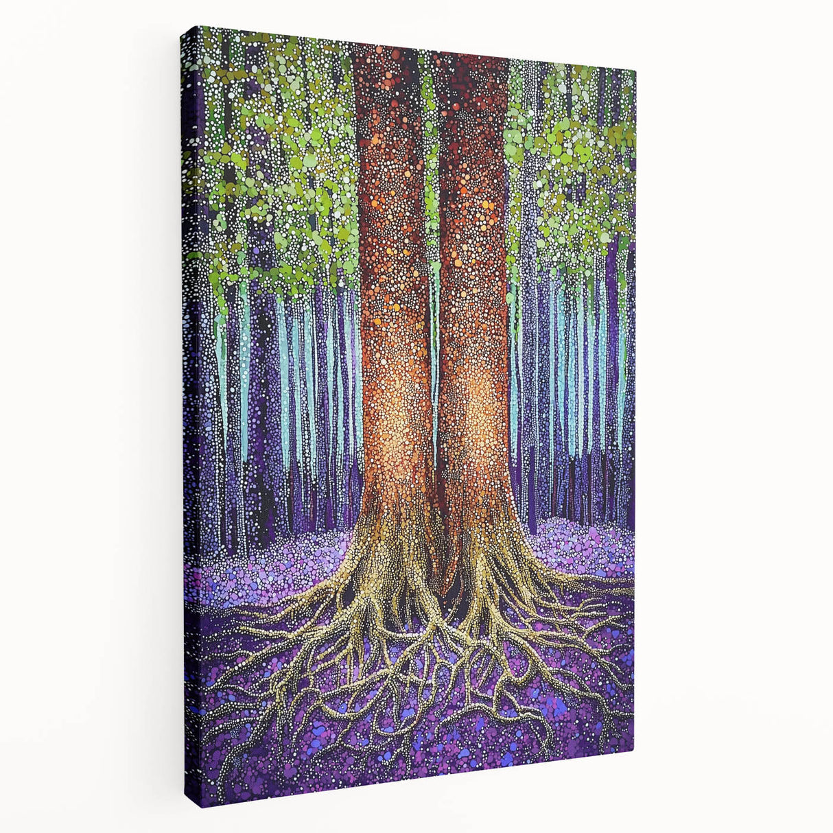 Abstract floral stretched canvas artwork showcasing vibrant colors and intricate patterns, displayed in a side view to highlight its depth and texture. Perfect for modern home decor.
