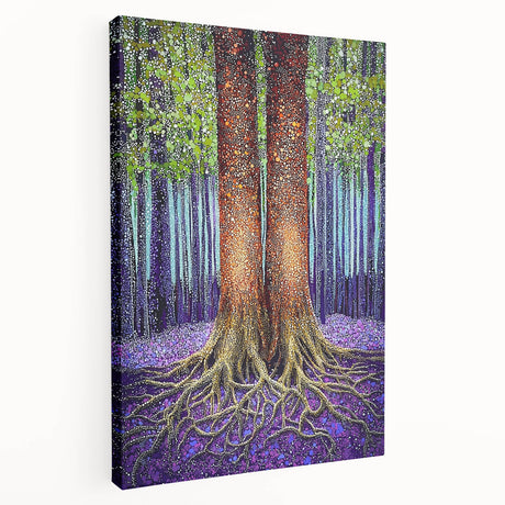 Abstract floral stretched canvas artwork showcasing vibrant colors and intricate patterns, displayed in a side view to highlight its depth and texture. Perfect for modern home decor.