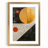 Abstract minimalist wall art framed in gold with a mat, showcasing geometric shapes in soft neutral tones, perfect for modern home decor accents.