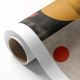 Abstract minimalist wall art on rolled canvas, showcasing soft pastel colors and geometric shapes, elegantly packaged in a protective cardboard tube for easy display.