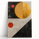 Abstract minimalist wall art on stretched canvas, featuring soft pastel colors and geometric shapes, leaning against a light-colored wall, perfect for modern decor.