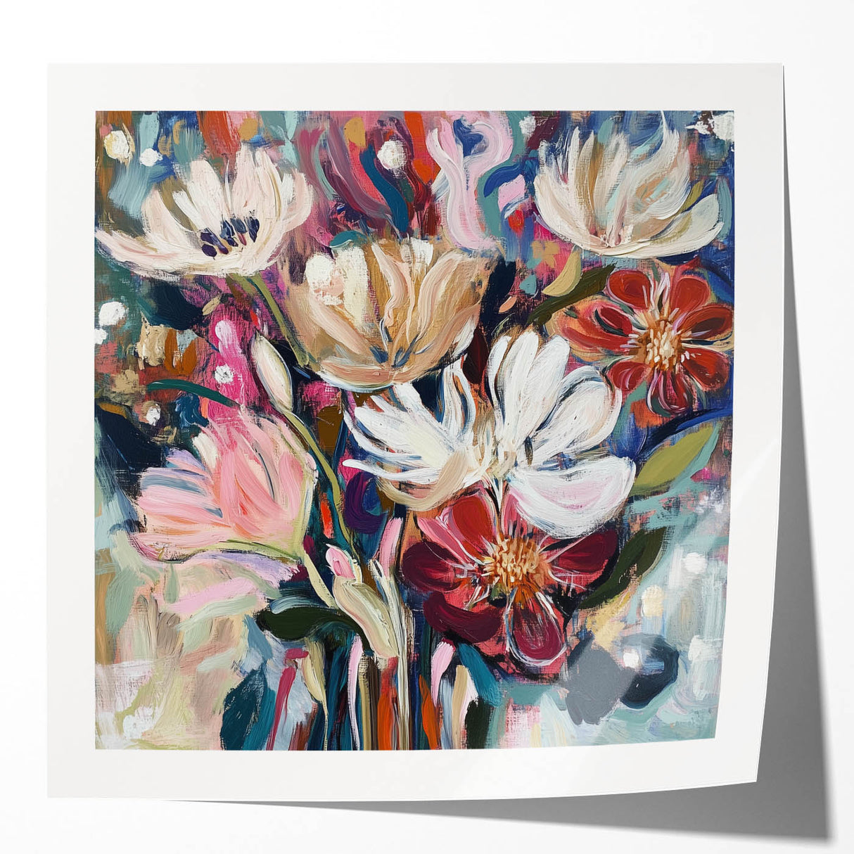 Abstract floral design print in glossy finish, showcasing vibrant colors and intricate patterns, perfect for modern home decor or art displays.