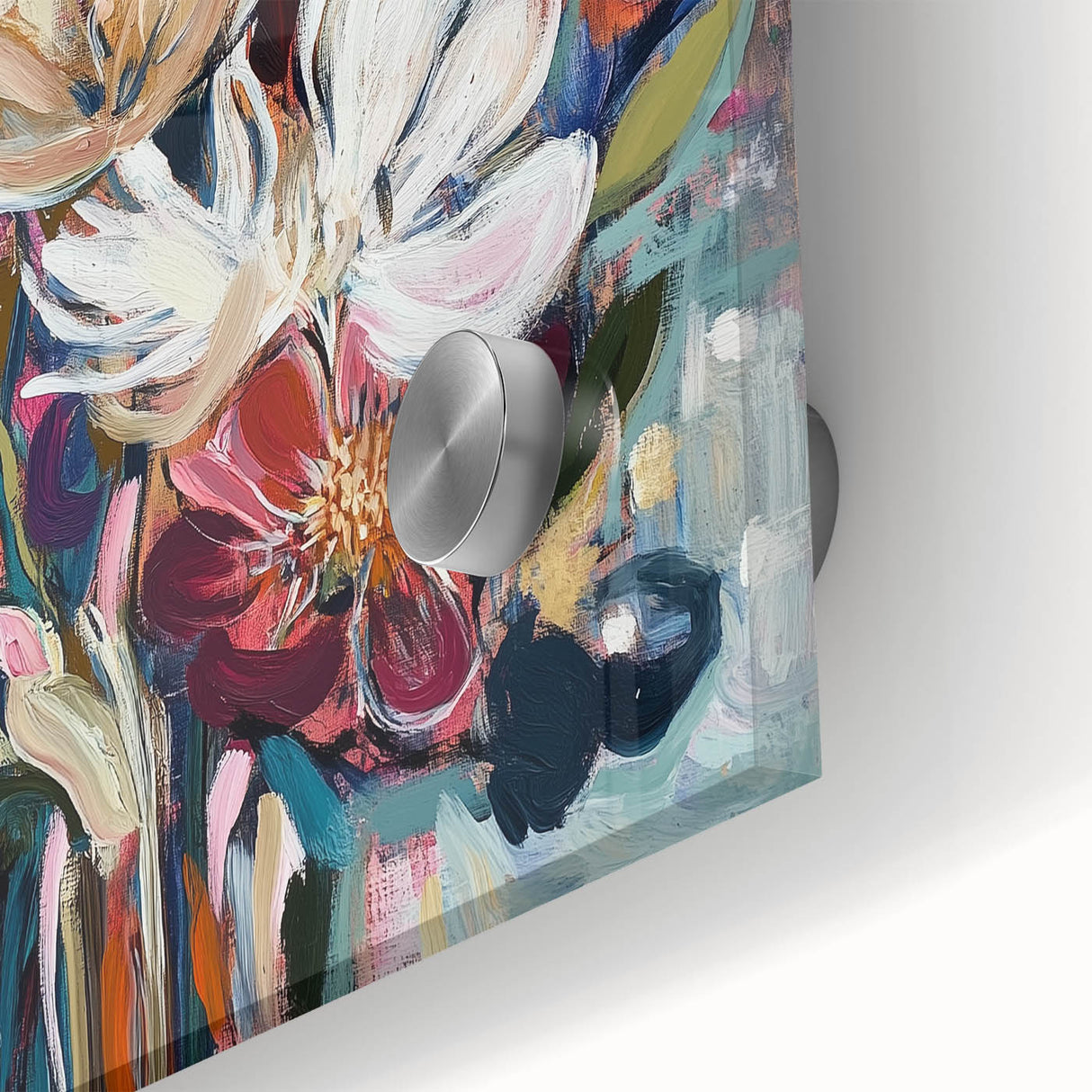 Close-up of an abstract floral acrylic glass artwork showcasing vibrant colors and intricate details, perfect for modern home decor or art enthusiasts.
