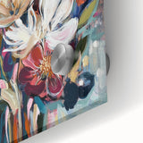 Close-up of an abstract floral acrylic glass artwork showcasing vibrant colors and intricate details, perfect for modern home decor or art enthusiasts.