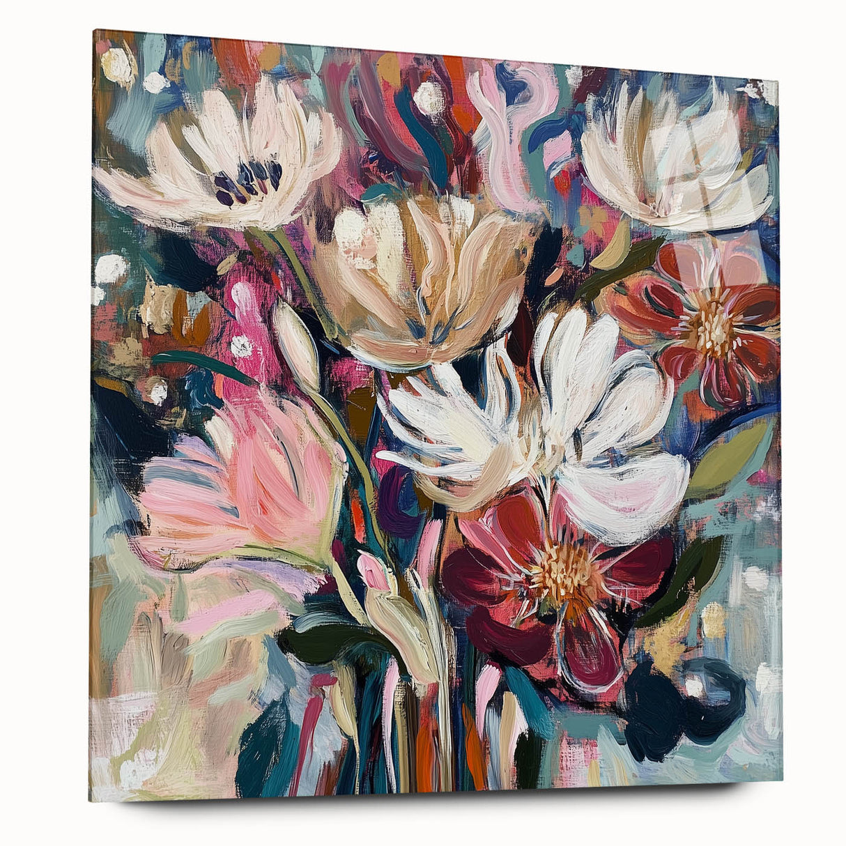 Abstract floral acrylic wall art displayed from a side view, showcasing vibrant colors and intricate details. Perfect for modern home decor or art enthusiasts.