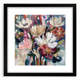 Abstract floral frame artwork in a sleek black mat, showcasing vibrant colors and intricate designs, perfect for enhancing modern home decor aesthetics.