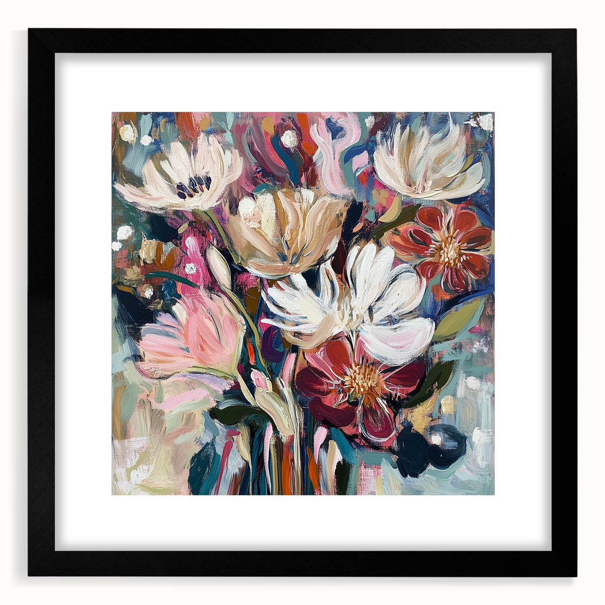 Abstract floral frame artwork in a sleek black mat, showcasing vibrant colors and intricate designs, perfect for enhancing modern home decor aesthetics.