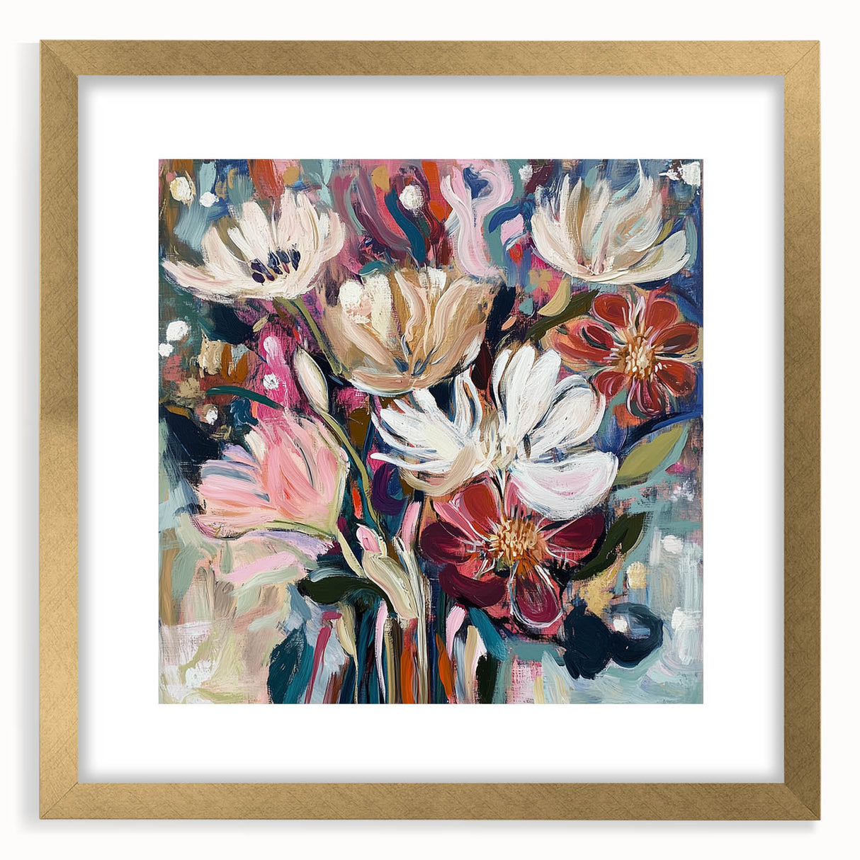 Abstract floral design frame with a gold mat, showcasing vibrant colors and intricate patterns, ideal for enhancing home decor and art collection displays.